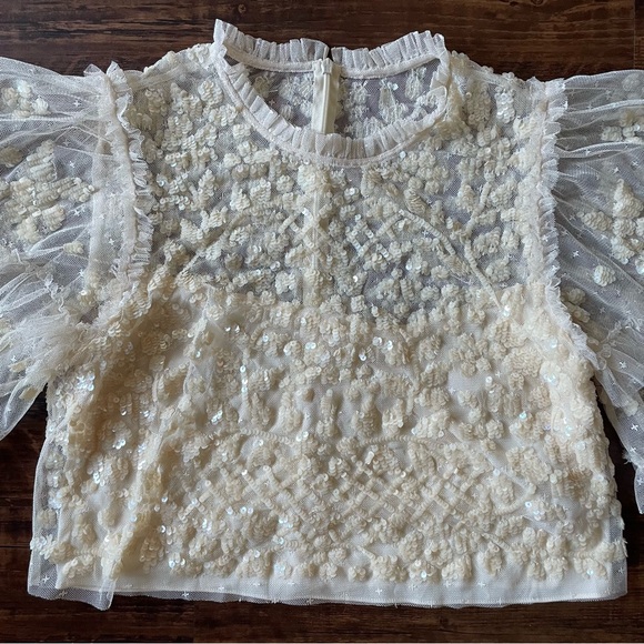 NEEDLE & THREAD Aurelia Sequin Embellished Top Natural Cream Ruffle Sheer Blouse - Picture 5 of 15